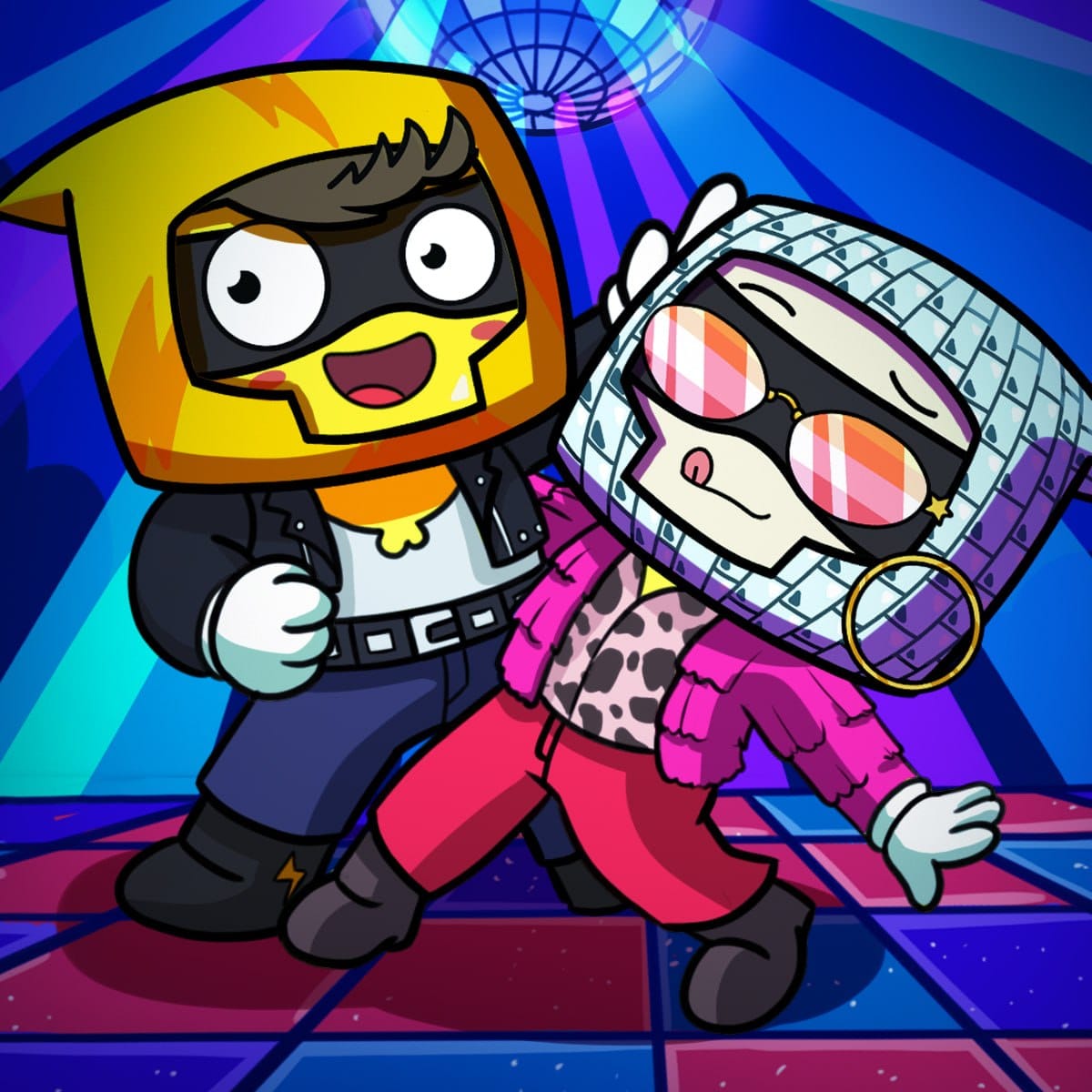 Boinker and a friend dancing under colorful lights